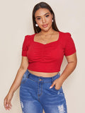 Women Plus Size Tops Slimming Short Sleeve Solid Color Square Collar Top