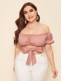 Women Plus Size Tops Solid Color Off-Shoulder Tied Top