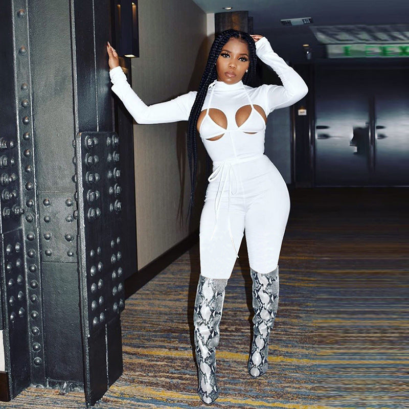 Women's Spring Clothing Sexy Cutout Lace-up Fashion Sports Jumpsuit