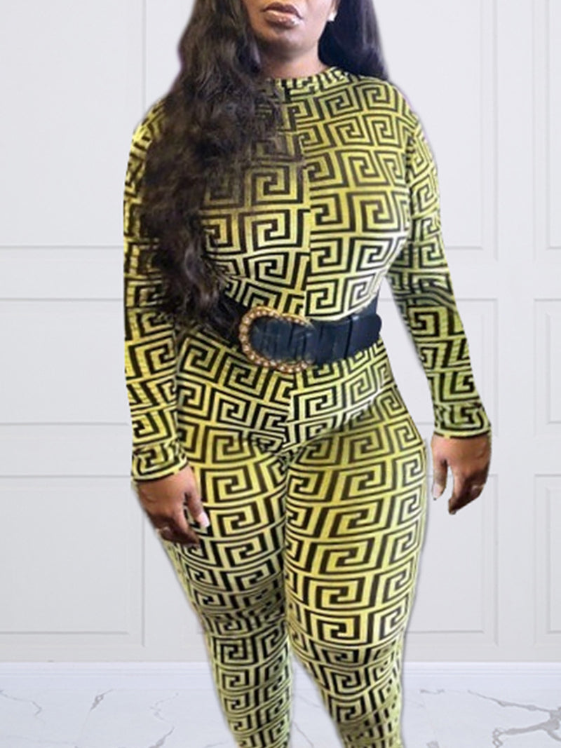 Women Plus Size Jumpsuits Maze Printed Sexy Long Sleeve Jumpsuit