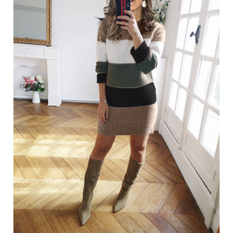 Sweater Dress Outfit With Tights 2 Piece Set Women's Autumn and Winter Solid Color Stitching Knitted Dress Casual Dress