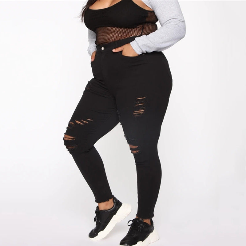 Women Plus Size Pants Solid Color Ripped Casual Pants