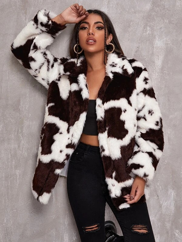 Dalmatian Coat Cows Pattern Black and White Imitation Fur Women's Jacket