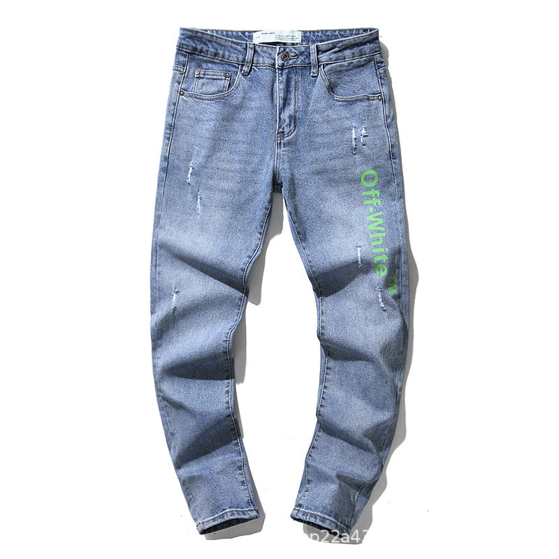 Off White Winter Pants Autumn Worn Denim Stretch Trousers