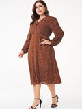 Women Plus Size Midi Dresses Polka Dot Long Sleeve Lapel Slim Chiffon Printed Dress