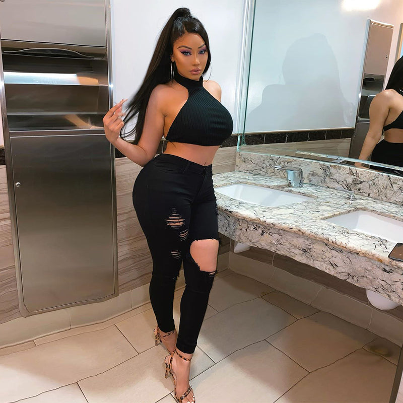 Women Plus Size Jeans Slim Fit Ripped Ankle-Tied Pants