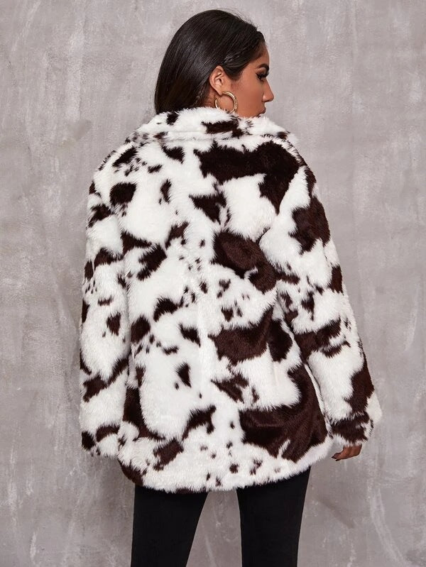 Dalmatian Coat Cows Pattern Black and White Imitation Fur Women's Jacket