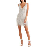Knee Length Semi Formal Dresses for Wedding Women's Sexy Tassel V-neck Slim Dress