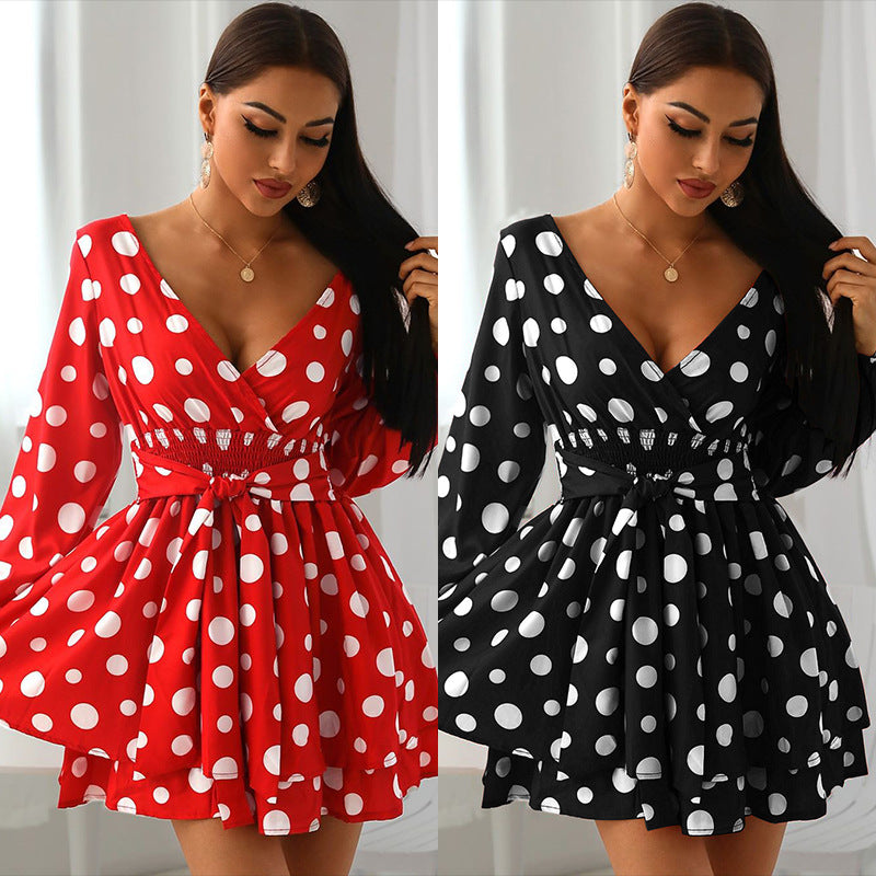 Women Bohemian Dress V-Collar Polka Dot Dress