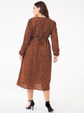 Women Plus Size Midi Dresses Polka Dot Long Sleeve Lapel Slim Chiffon Printed Dress