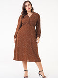 Women Plus Size Midi Dresses Polka Dot Long Sleeve Lapel Slim Chiffon Printed Dress