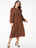 Women Plus Size Midi Dresses Polka Dot Long Sleeve Lapel Slim Chiffon Printed Dress