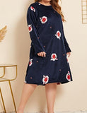 Women Plus Size Midi Dresses Long-Sleeve round-Collar Dress