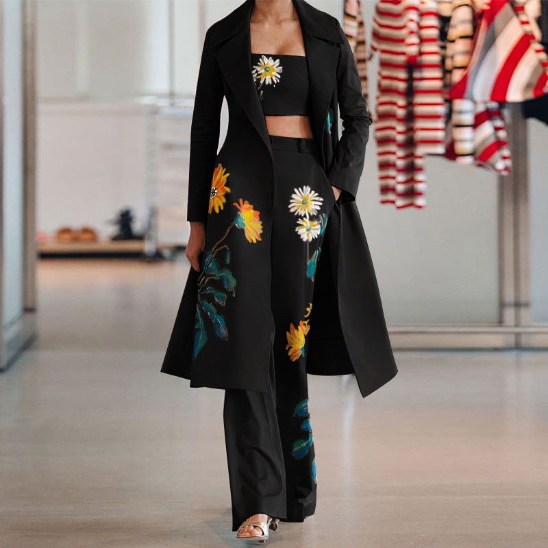 Women Blazar Pants Suit Women's Autumn and Winter Printing Trench Pants