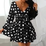 Women Bohemian Dress V-Collar Polka Dot Dress