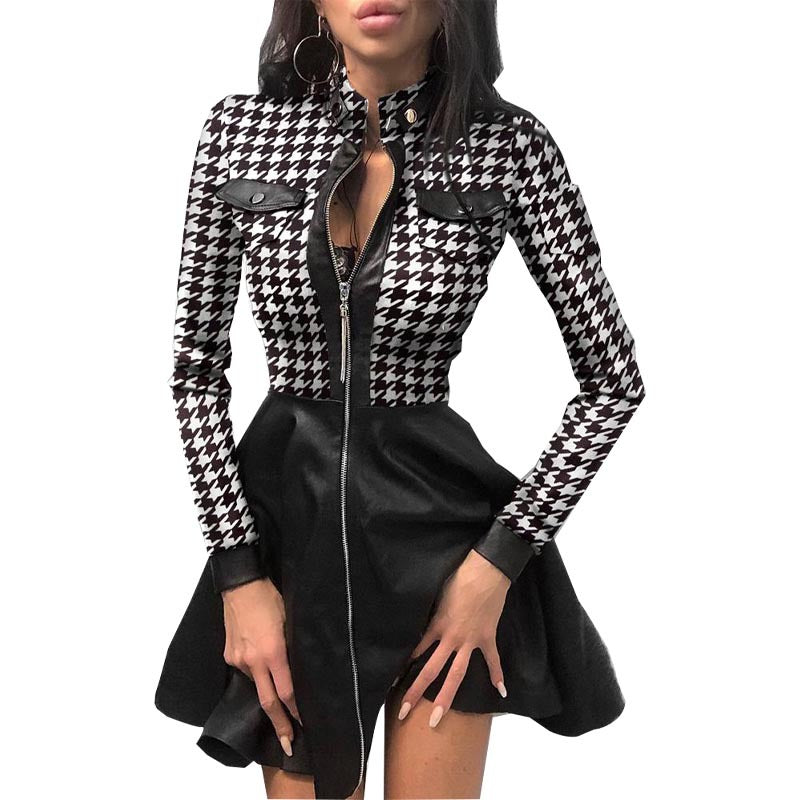 Work Dresses with Pockets Printed Zipper Pocket PU Dress