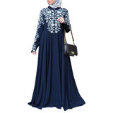 Women Plus Size Maxi Dresses Muslim Long Sleeve Stand Collar Flower Floral Print Swing Dress