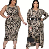 Women Plus Size Skirts Leopard-Print Slim-Fit Cardigan Coat Dress