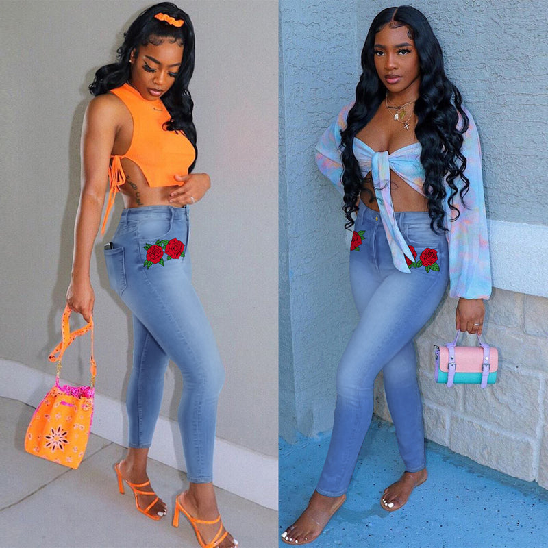 Women Plus Size Jeans Fashion Printed Solid Color Denim Trousers