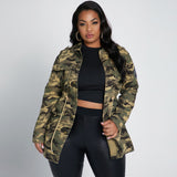 Nina Parker Camo Jacket Rivet Multi-Bag Drawstring Cool Camouflage Workwear Casual Baseball Uniform