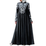 Women Plus Size Maxi Dresses Muslim Long Sleeve Stand Collar Flower Floral Print Swing Dress