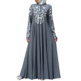 Women Plus Size Maxi Dresses Muslim Long Sleeve Stand Collar Flower Floral Print Swing Dress