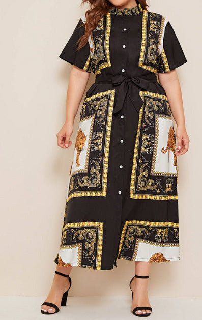Women Plus Size Maxi Dresses Printed Short Sleeve Breasted Waist Dress