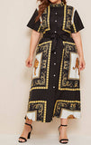 Women Plus Size Maxi Dresses Printed Short Sleeve Breasted Waist Dress