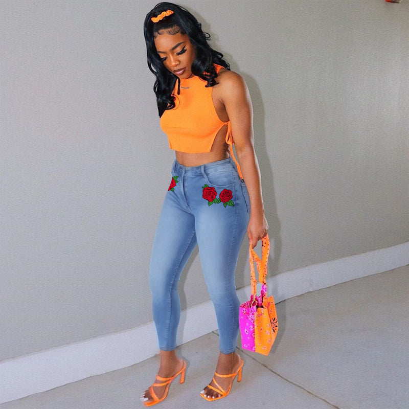 Women Plus Size Jeans Fashion Printed Solid Color Denim Trousers