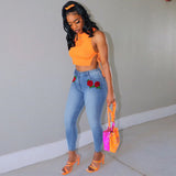 Women Plus Size Jeans Fashion Printed Solid Color Denim Trousers