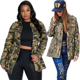 Nina Parker Camo Jacket Rivet Multi-Bag Drawstring Cool Camouflage Workwear Casual Baseball Uniform
