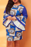 Women Plus Size Midi Dresses Printed Flared Long Sleeve Dress