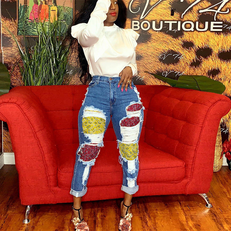 Women Plus Size Jeans Stitching Jeans Fashion Women