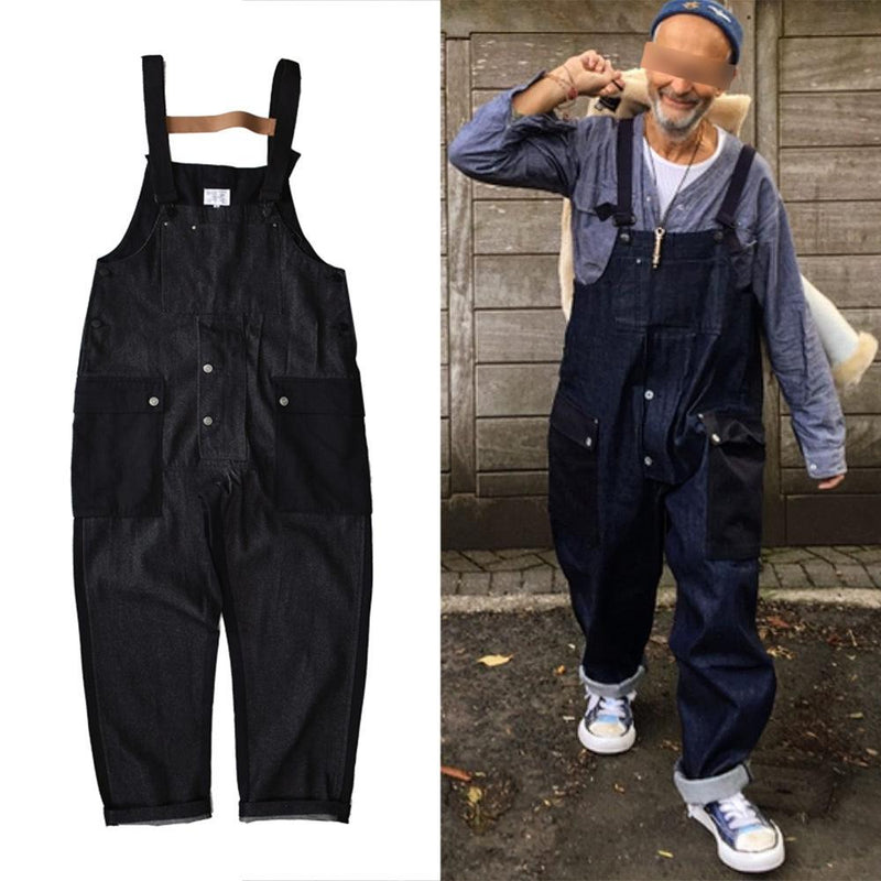 Color Contrast Patchwork Tooling plus Size Retro Sports Trousers Suspenders Casual Denim Trousers Men Denim Overalls
