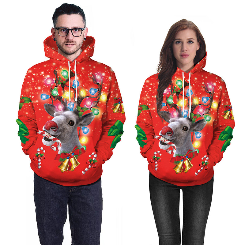 Ugly Christmas Sweater 3D Elk Digital Printed Hood Pullover Sweater