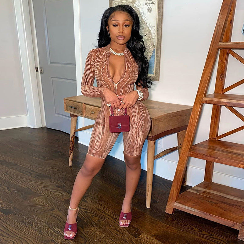 Women's Spring Clothing Fashion Sexy Tight Stand Collar Sports Jumpsuit