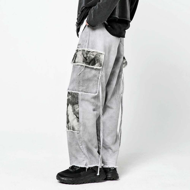Stitching Multi-Pocket Cargo Pants Men's Large Size Retro Sports Ribbon Wide-Leg Pants Trendy Elastic Waist Pants Men Pants