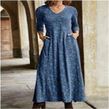 Work Dresses with Pockets Autumn Cotton Printed V-neck Pocket Long Sleeve Dress