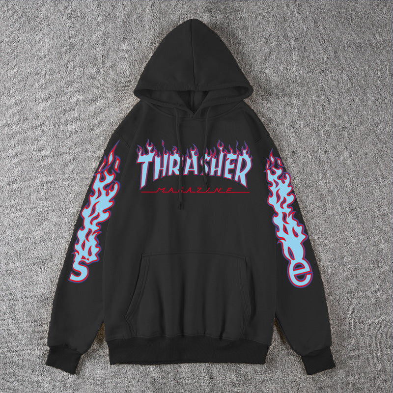 Thrasher Hoodie Fleece-Lined Thick Style Men's and Women's Thrasher Flame Sweater