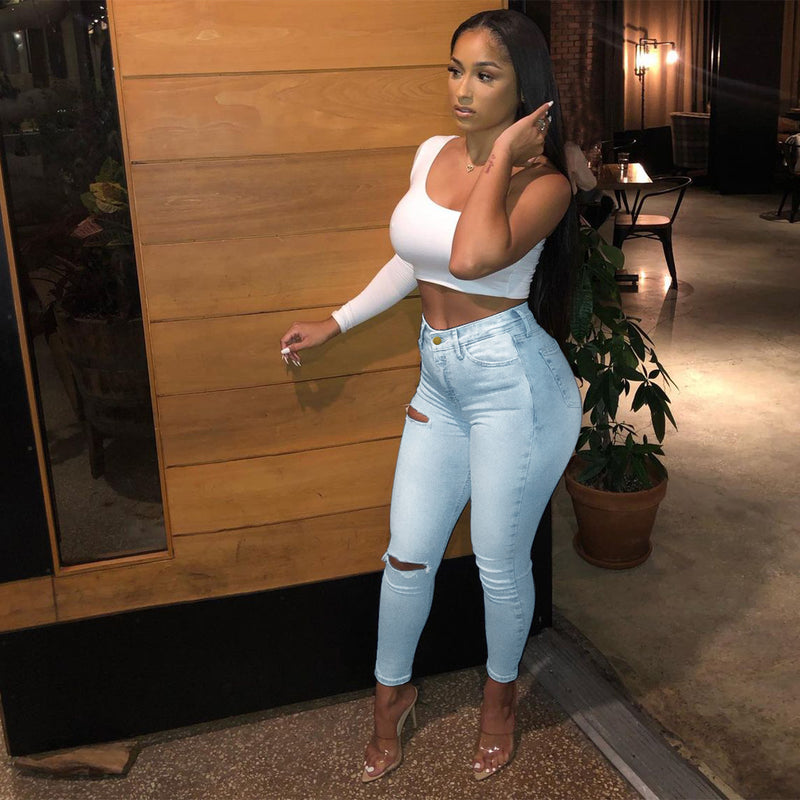 Women Plus Size Jeans Fashion Ripped Denim Slim Fit Pencil Pants