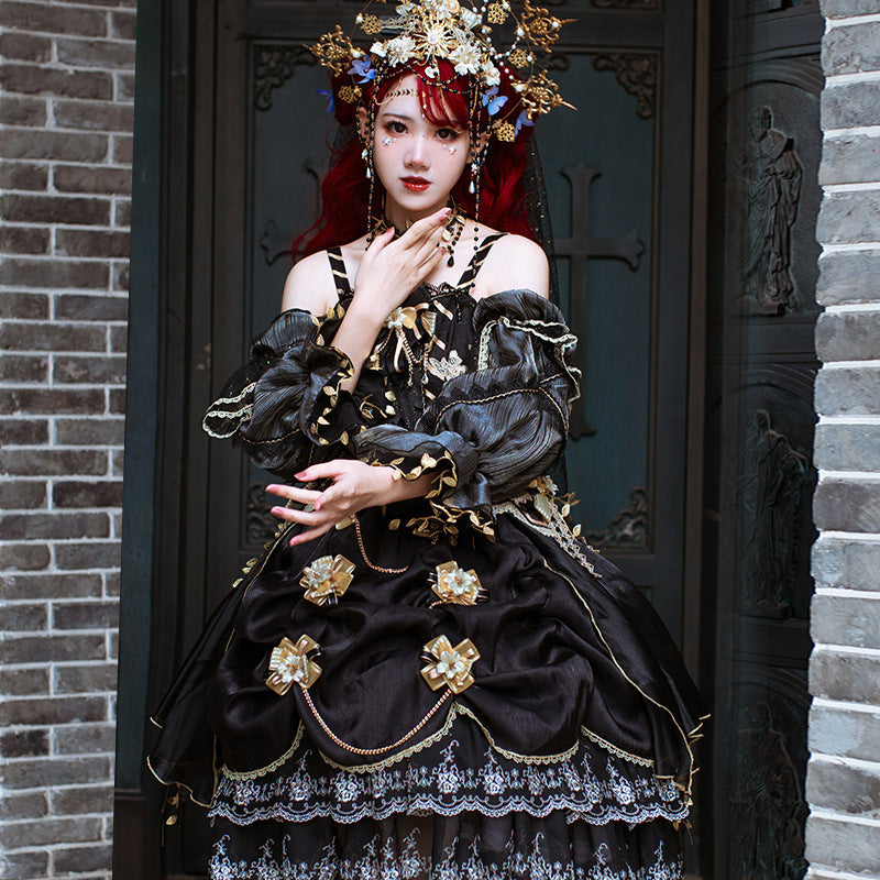 Gothic Lolita Harajuku Style Clothing Lolita Dress Thorn Golden Lily JSK Elegant Palace Style Black Gold Tea Party Skirt