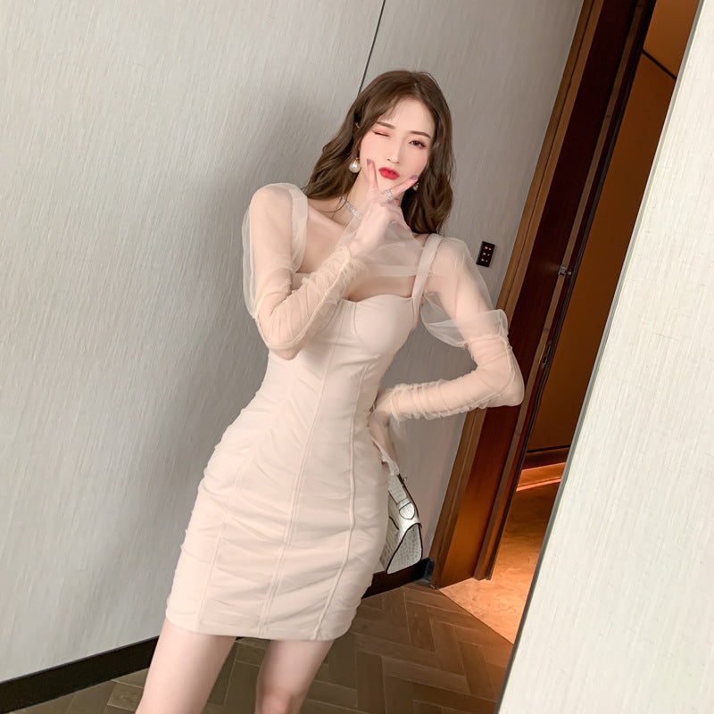 Knee Length Semi Formal Dresses for Wedding Mesh Long Sleeve Sexy Tube Top Short Dress Sexy