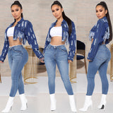 Women Plus Size Denim Coats Short Back Ripped Hollow-out Denim Jacket for Women