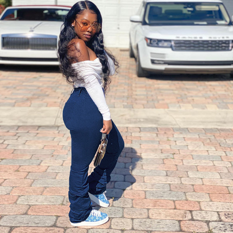 Women Plus Size Jeans Solid Color Denim Trousers