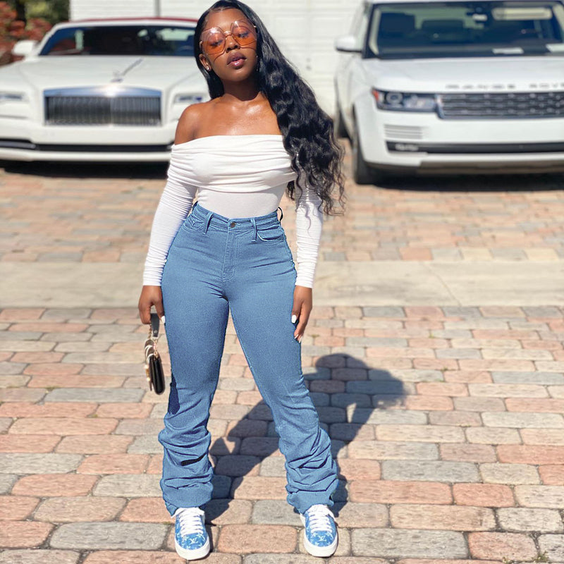 Women Plus Size Jeans Solid Color Denim Trousers