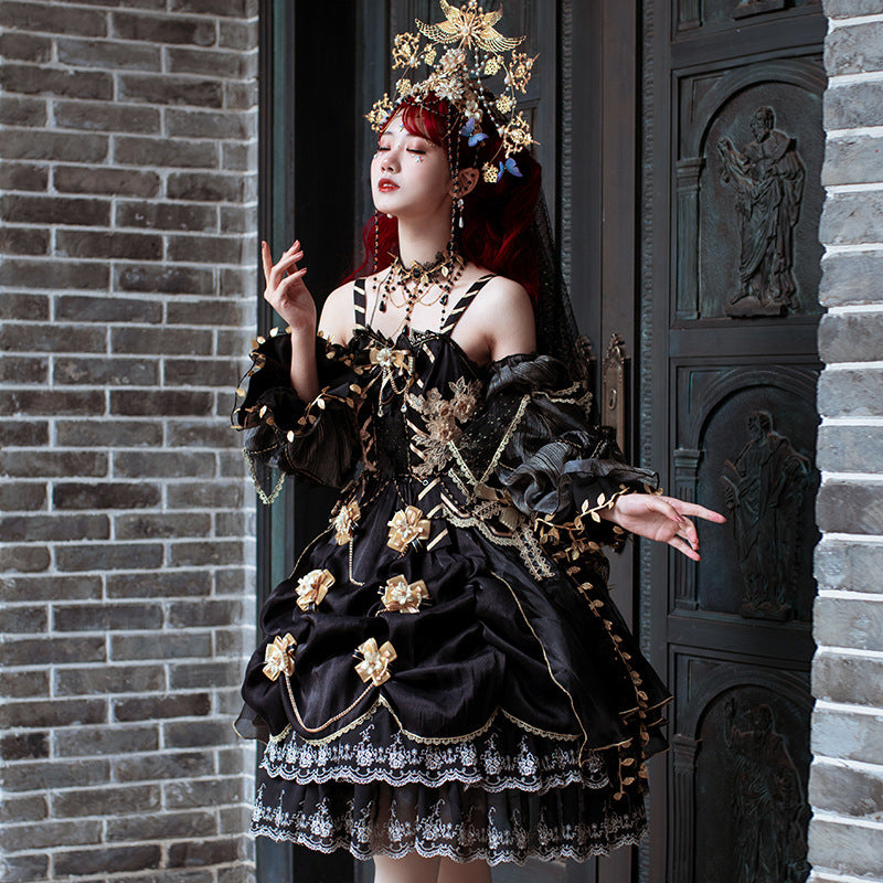 Gothic Lolita Harajuku Style Clothing Lolita Dress Thorn Golden Lily JSK Elegant Palace Style Black Gold Tea Party Skirt
