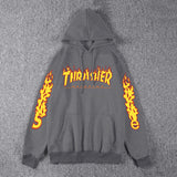Thrasher Hoodie Fleece-Lined Thick Style Men's and Women's Thrasher Flame Sweater