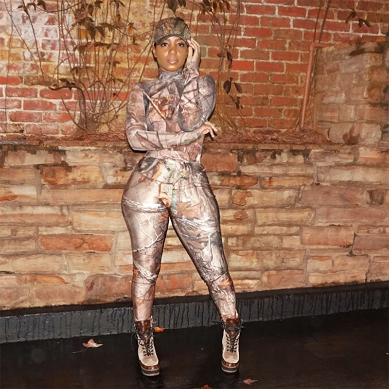 Women's Spring Vintage Printed Skinny Hip Raise Long Sleeve Casual Sports One-Piece Trousers