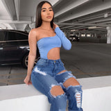 Women Plus Size Jeans Sexy Fashion Ripped Denim Skinny Pants