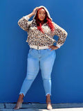 Women Plus Size Tops Leopard Print Contrast Color Hooded Sports Sweater Coat